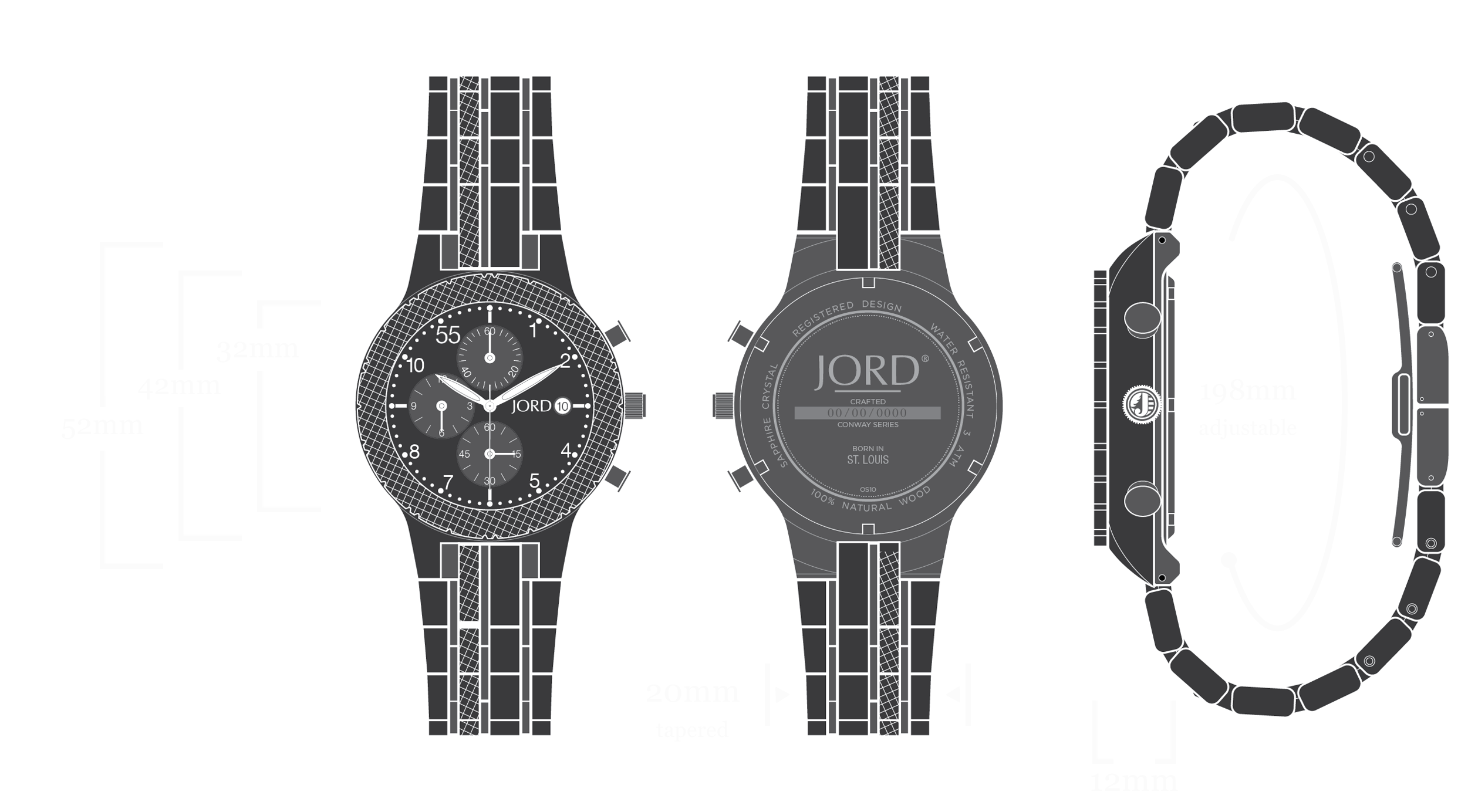 Conway - Zebrawood & Dark Sandalwood Watch Diagram